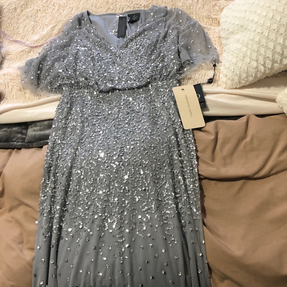 Adrianna Papell beaded flutter sleeve gown in silver mist, only worn once - Picture 2 of 3
